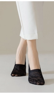 Close-up of black lace no-show socks with elegant rose pattern on high-quality mesh fabric