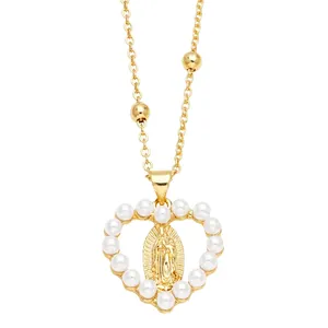 Gold heart necklace with Virgin Mary relief, faux pearls and dainty beaded chain