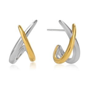 Minimalist two-tone stainless steel twisted huggie hoop earrings in gold and silver finish