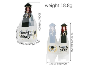Detailed dimensions of transparent PVC graduation candy box with black and gold cap