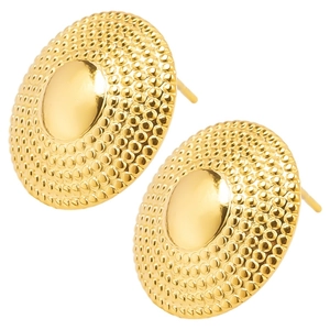 Close-up of golden 304 stainless steel round stud earrings with granular texture detail