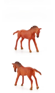 Macro view of a miniature brown horse figurine with specific dimensions and details