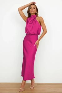 Magenta satin maxi dress featuring an elegant halter neck and smooth silky finish