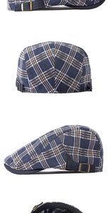 Detalle de la gorra plana a cuadros azul y marrón con hebilla de bronce ajustable lateral