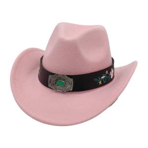 Pink felt cowboy hat featuring detailed floral embroidery and a vintage silver buckle