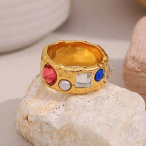 Retro 18K gold plated hammered ring with colorful gemstones and white pearls on stone