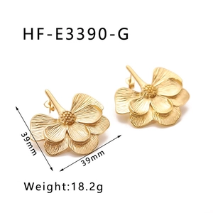 Detail view of 18k gold floral earrings with 39mm dimensions and 18.2g weight specs
