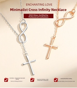 Detail of S925 silver infinity cross necklace with polished 3nm gold plating finish