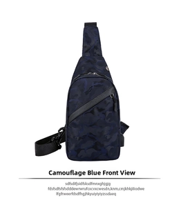 Vorderansicht der camouflagblauen Herren-Brusttasche mit Gurt und Reißverschlüssen