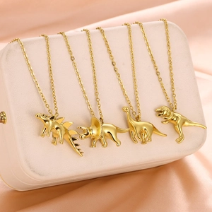 Hip hop dinosaur pendant necklaces in gold stainless steel featuring four species