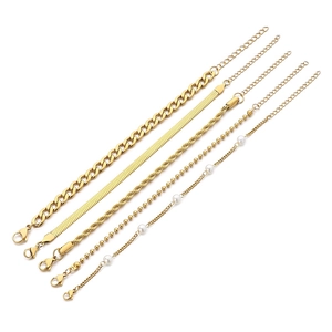 Five-piece gold chain bracelet set with flat snake link and pearl accents for women