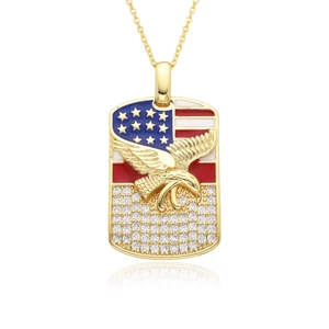 Golden American flag necklace with embossed eagle and sparkling rhinestone accents