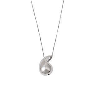 Polished silver teardrop pendant necklace with sleek snake chain on white background
