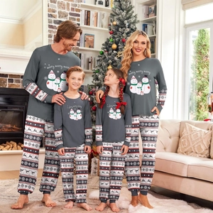 Christmas Family Pajamas Snowman Print Top And Nordic Reindeer Pants Long Sleeve Round Neck Polyester Sleepwear Grey