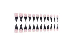 Faux ongles stiletto longs avec motifs d'étoiles noirs et argentés sur base rose