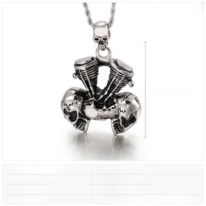 Detailed punk skull pendant with motorcycle V-engine design in cast stainless steel