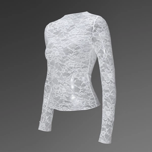 Detail of white long sleeve floral lace top showing intricate mesh texture and slim fit