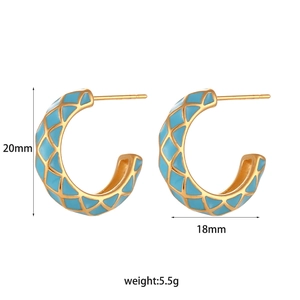 Blue enamel grid pattern C-shape earrings in 18K gold plated stainless steel, 20mm height