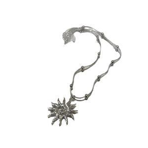 Bohemian silver hollow sun pendant necklace with bead chain and spiral texture design
