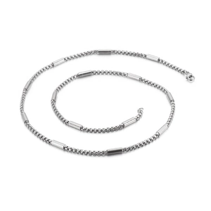 Modern stainless steel necklace with silver box chain and cylindrical metal bars
