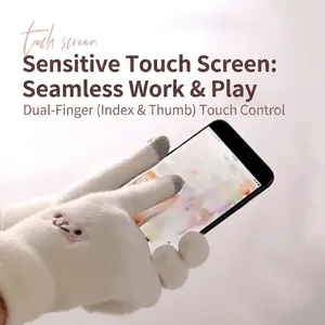 White thick plush winter gloves for women with touch screen fingers and bear embroidery