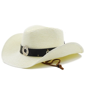 Detail of cream straw cowboy hat with black leather band and silver metal buckles