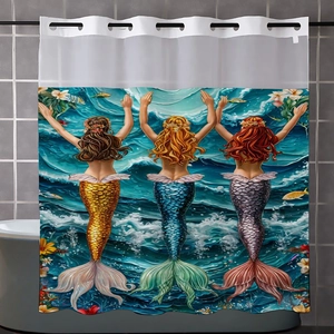 Detail showing reinforced black grommets and mermaid illustration on waterproof shower curtain