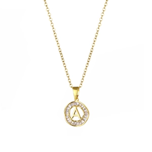 18K gold plated stainless steel necklace with round A-letter pendant and CZ crystals