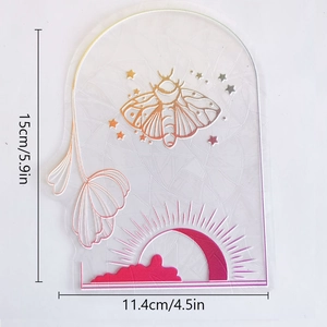 Rainbow prism suncatcher decal with moth and floral line art, dimensions 15x11.4cm