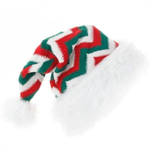 Classic knitted Christmas hat with red green chevron patterns and white plush trim and pompom