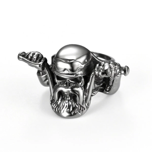 Vintage silver biker skull ring in stainless steel with detailed helmet and goggles design