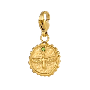 Detail of a golden bee pendant featuring a green zircon stone and lobster clasp closure