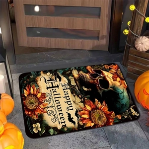 Close-up of Happy Halloween door mat with sunflowers and skulls on a stone floor