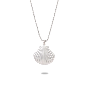 Detail of silver shell pendant with twisted rope chain on a clean white background