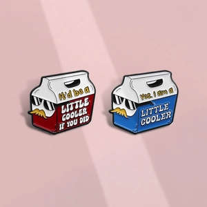 Funny enamel cooler badges with sunglasses and humorous text on pink background