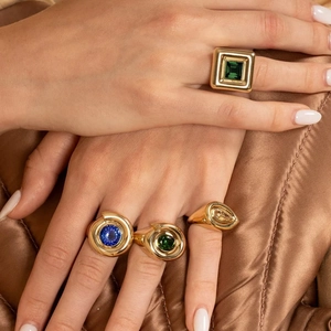 Set of 18k gold plated stainless steel rings featuring colorful teardrop zircon gems