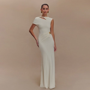 Elegant off-shoulder cream maxi dress featuring a gold metallic waist buckle detail
