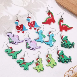Christmas Dinosaur Earrings Glitter Acrylic Cartoon Animal Shape Festive Party Jewelry For Women Girls Gift