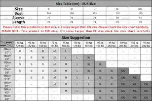 Size chart for raglan sleeve t-shirt showing bust and length in S-XXL European sizes