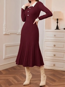 Robe Mi-Longue En Tricot Élégante Femmes Manches Longues Col Polo Contrasté Ourlet Plissé Coupe Ajustée Style Français