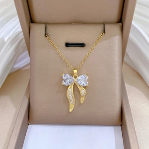 Bowknot Heart Pendant Necklace For Women With Stainless Steel Chain And Micro Pave Copper Zirconia Elegant Style