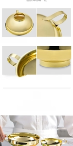 Detail of wide mouth golden stainless steel canning funnel with mirror polished finish