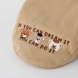 Khaki cotton beret for boys with three bears and inspirational embroidery