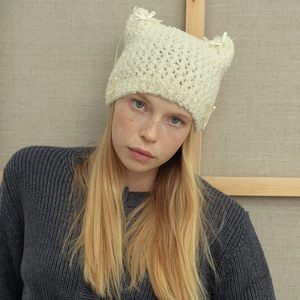 Cream knit cat ear beanie with ribbon bows and handmade openwork texture for women
