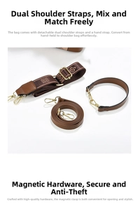 Detail of adjustable wide jacquard strap and leather handles with gold metal hooks