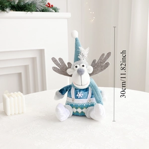 Detailed view of a 30cm blue plush reindeer Christmas ornament on a white mantelpiece