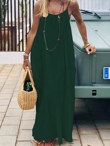 Detail view of dark green loose backless slip maxi dress for women in casual resort style