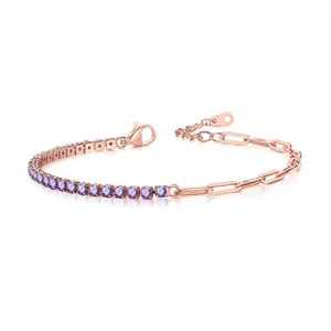 Detail of rose gold paperclip chain and purple zircon tennis bracelet with lobster clasp