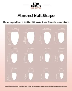 Detailed size chart for almond-shaped press-on nails featuring twelve unique dimensions