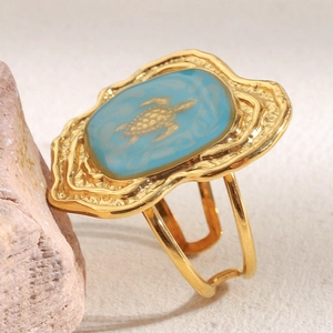 18K gold plated stainless steel sea turtle ring with blue enamel on pink rock base